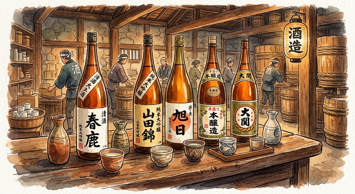 日本酒の一升瓶とお猪口が並ぶイラスト
