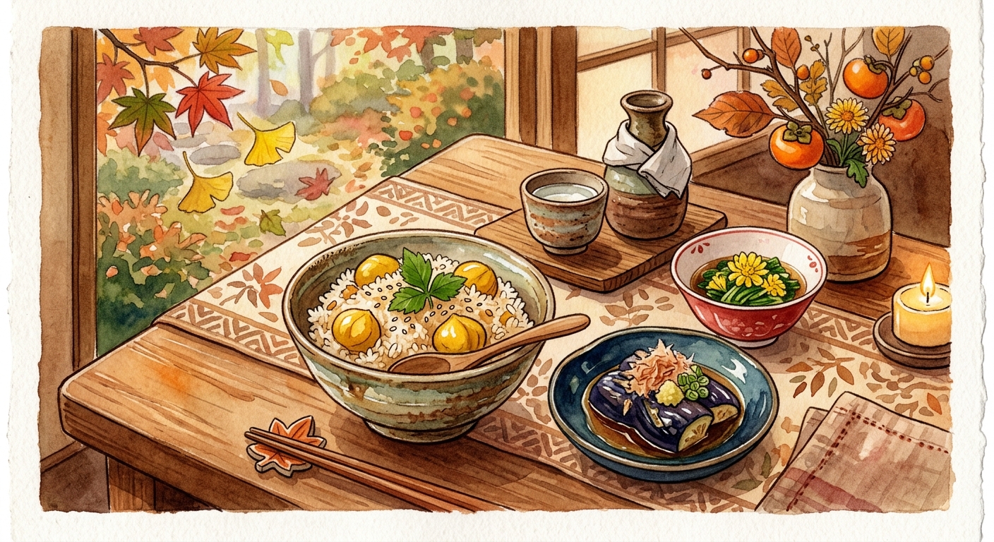 栗ご飯と秋茄子の煮浸し、食用菊のおひたしと日本酒の盃を並べた食卓