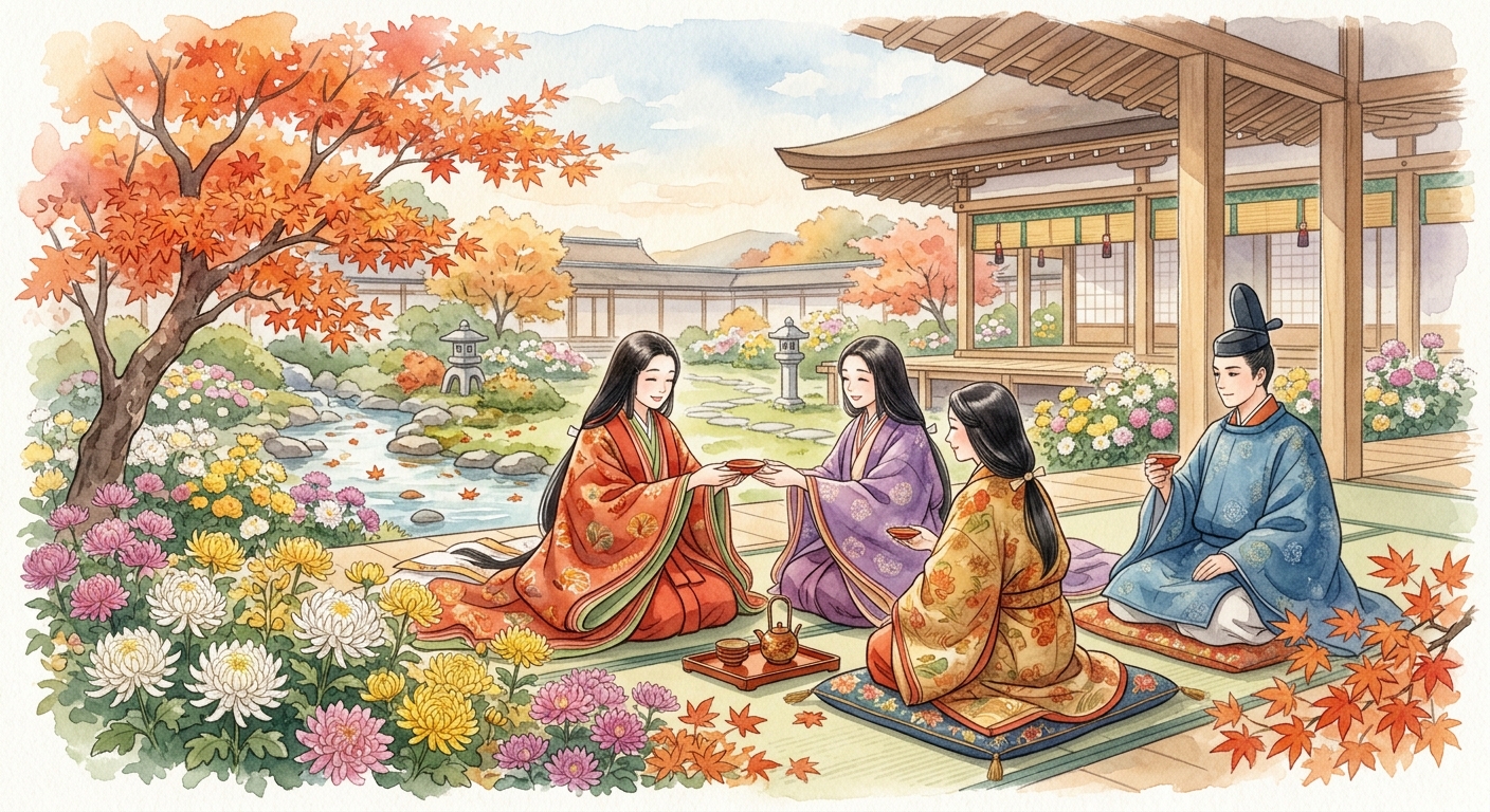 平安時代の宮中で菊花の宴を楽しむ人々の様子を描いたイラスト