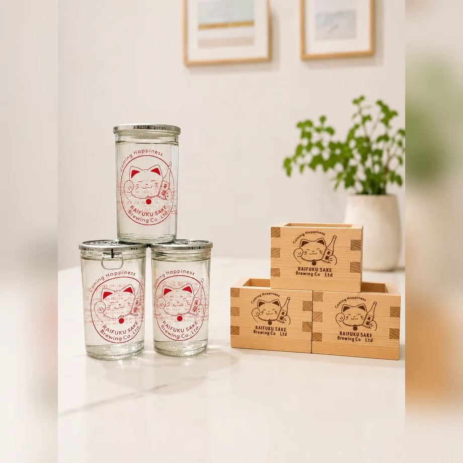 赤のワンカップ3本と、くるにゃん入りの升3つ