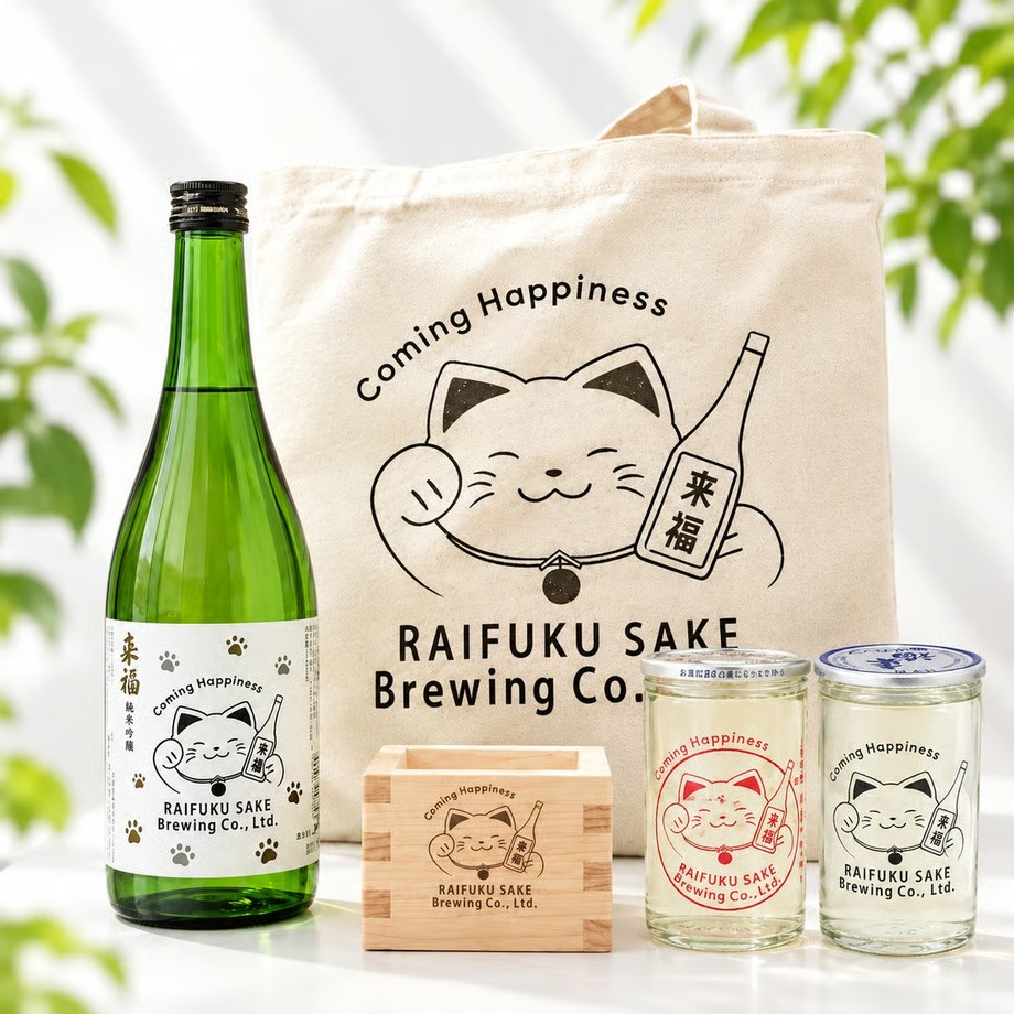 来福くるにゃんシリーズの純米吟醸720ml、升、赤と黒のワンカップ、トートバッグ