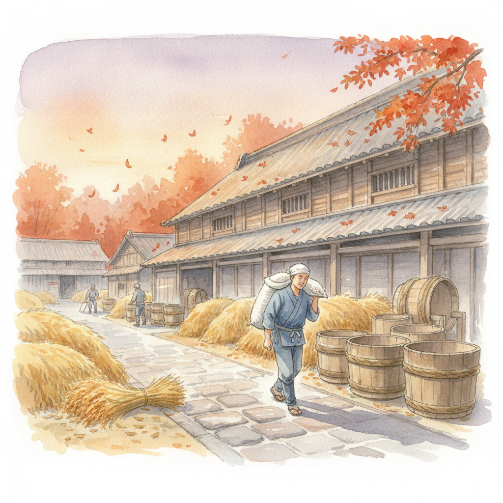 秋の酒蔵で酒米を運ぶ蔵人の水彩イラスト