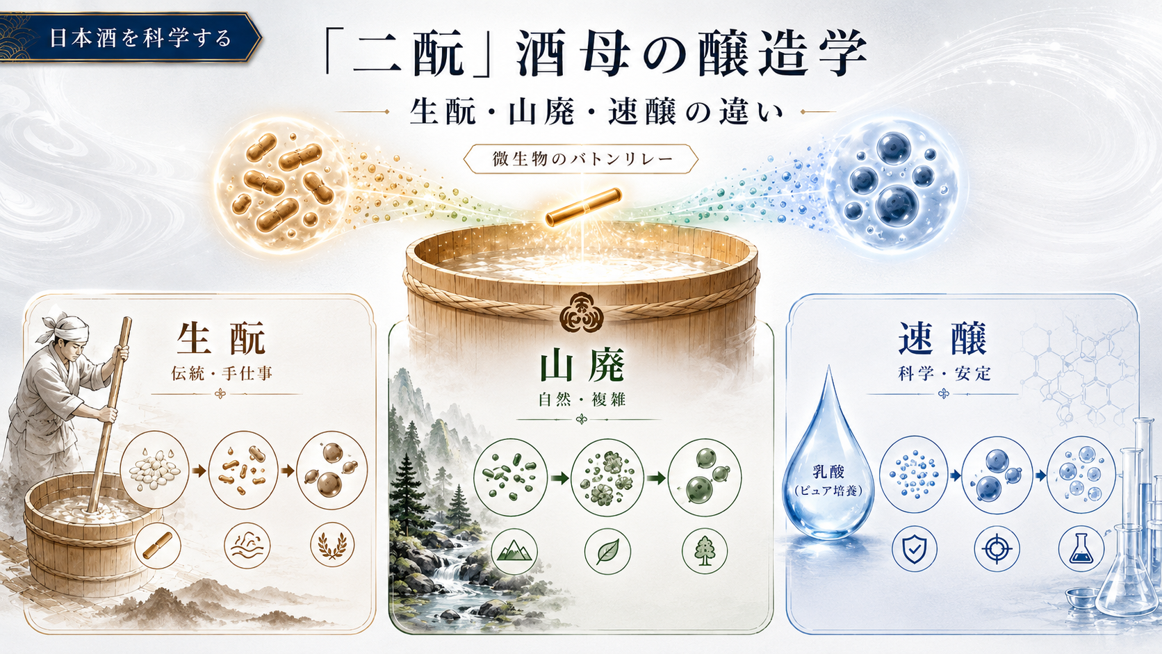 【二酛】生酛・山廃・速醸って何が違う?日本酒の味わいと酒質を決定づける「酒母」の醸造学